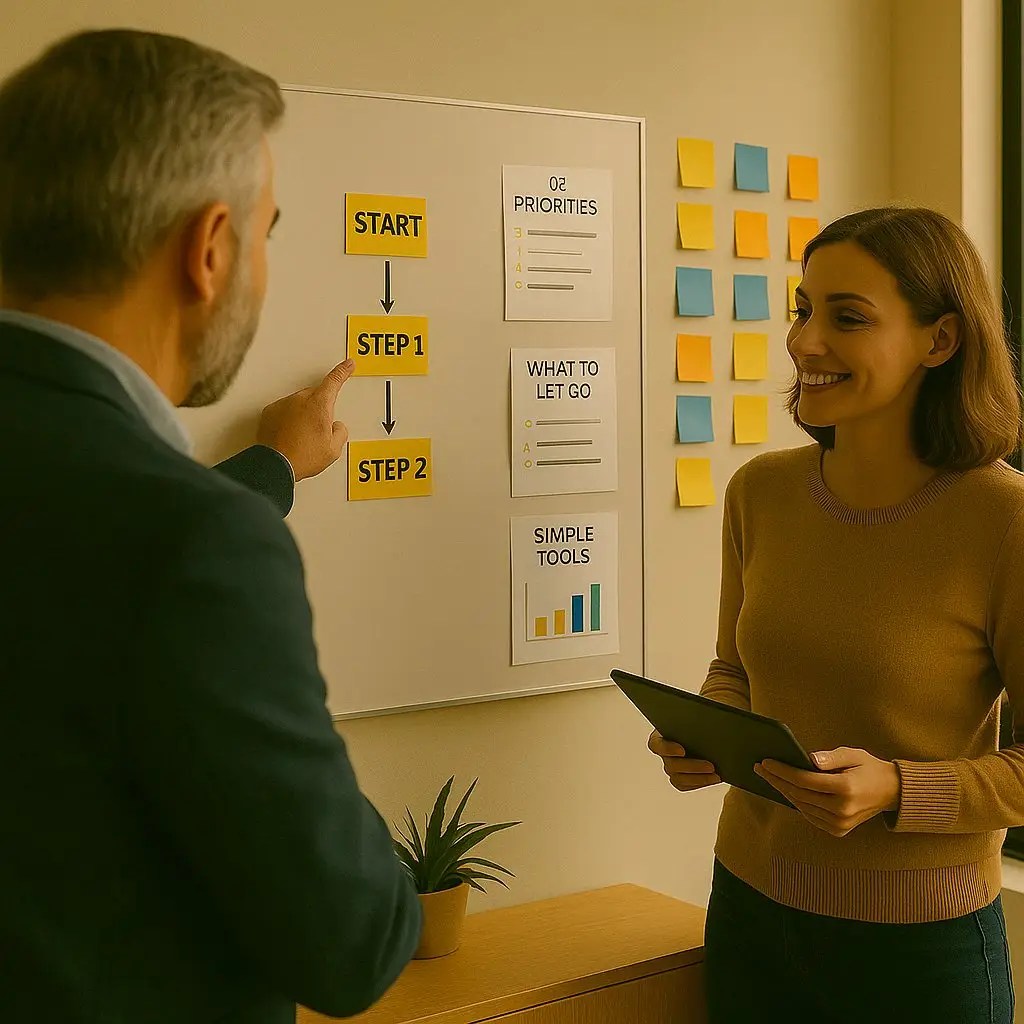 האווטר של שגיב ברששת עם מנהלת מול לוח להצגת שלבי התהליך