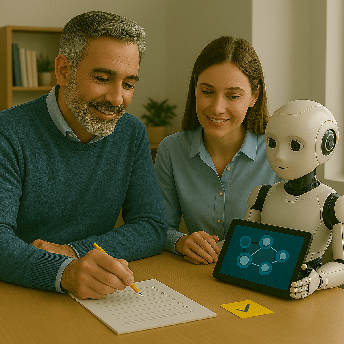 האווטאר של שגיב ברששת בפגישת עבודה עם מנהלת ורובוט– בתהליך ייעוץ