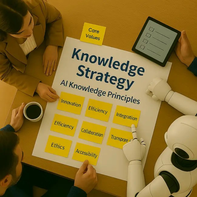 תמונה מלמעלה על צוות עם רובוט היושב סביב שולחן ודן על עקרונות אסטרטגיית ניהול הידע בעידן הבינה המלאכותית