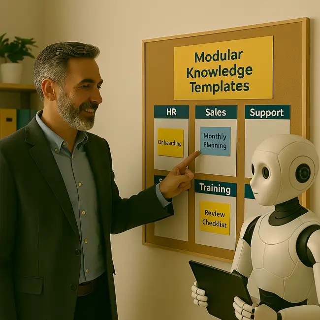 האוווטר של שגיב עם רובוט מול לוח למידה המרכז את מאגר הלמידה הארגוני