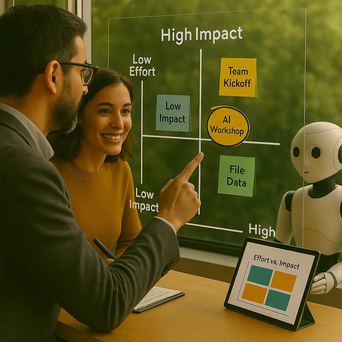 ישיבת צוות של שני מנהלים ורובוט מול לוח תעדוף אסטרטגי