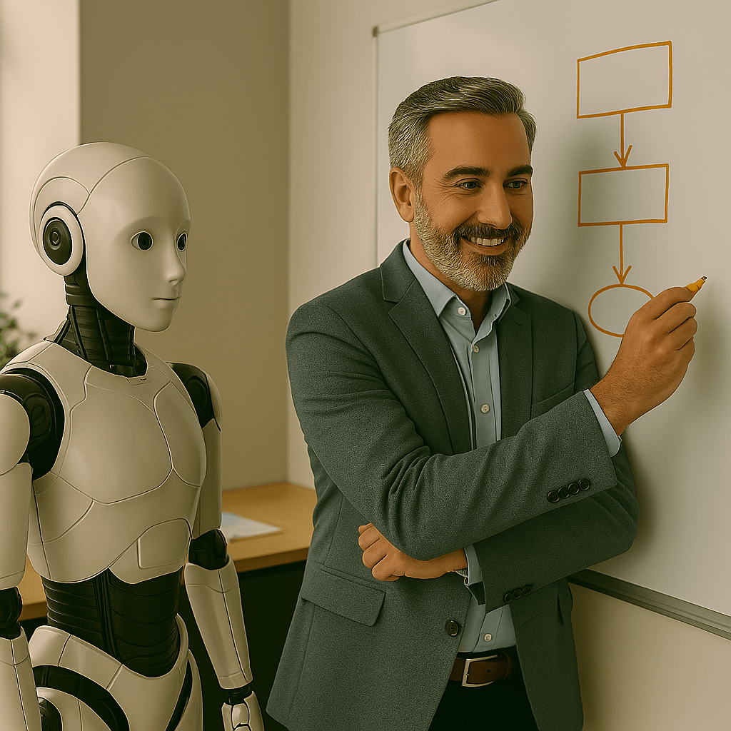 האווטאר של שגיב ברששת מצייר תרשים זרימה על לוח, בליווי רובוט – הסבר תהליכי לשילוב AI בארגון