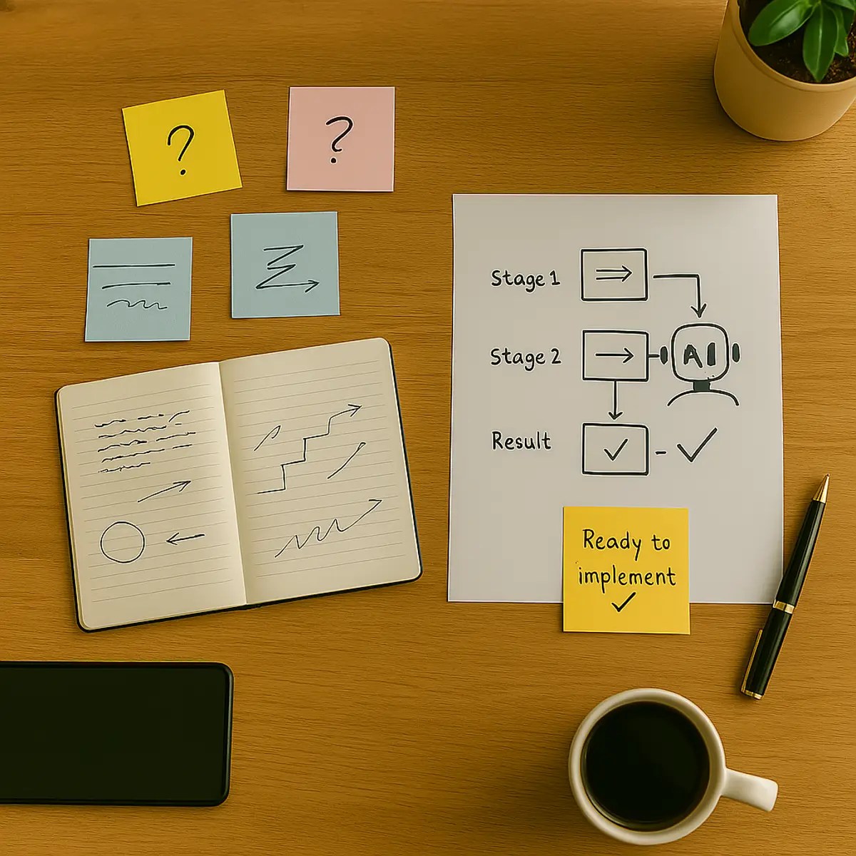 מבט מלמעלה על שולחן עבודה עם פוסט-איטים, לוח תכנון, כוס קפה, עט וטאבלט