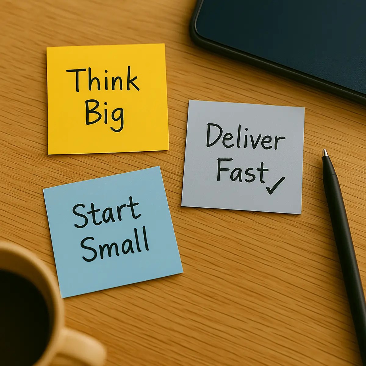 מבט מלמעלה על שולחן עבודה עם שלושה פוסט-איטים, כוס קפה, עט ולפטופ