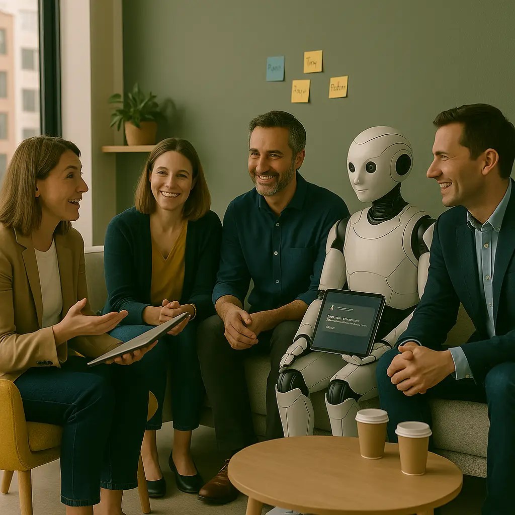 האווטר של שגיב בישיבת צוות עם שלושה אנשים עם רובוט – מחשבה משותפת על מהלכים