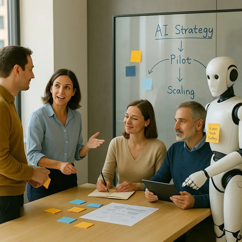 האווטאר של שגיב ברששת ורובוט וצוות סביב שולחן – תהליך תכנון אסטרטגי