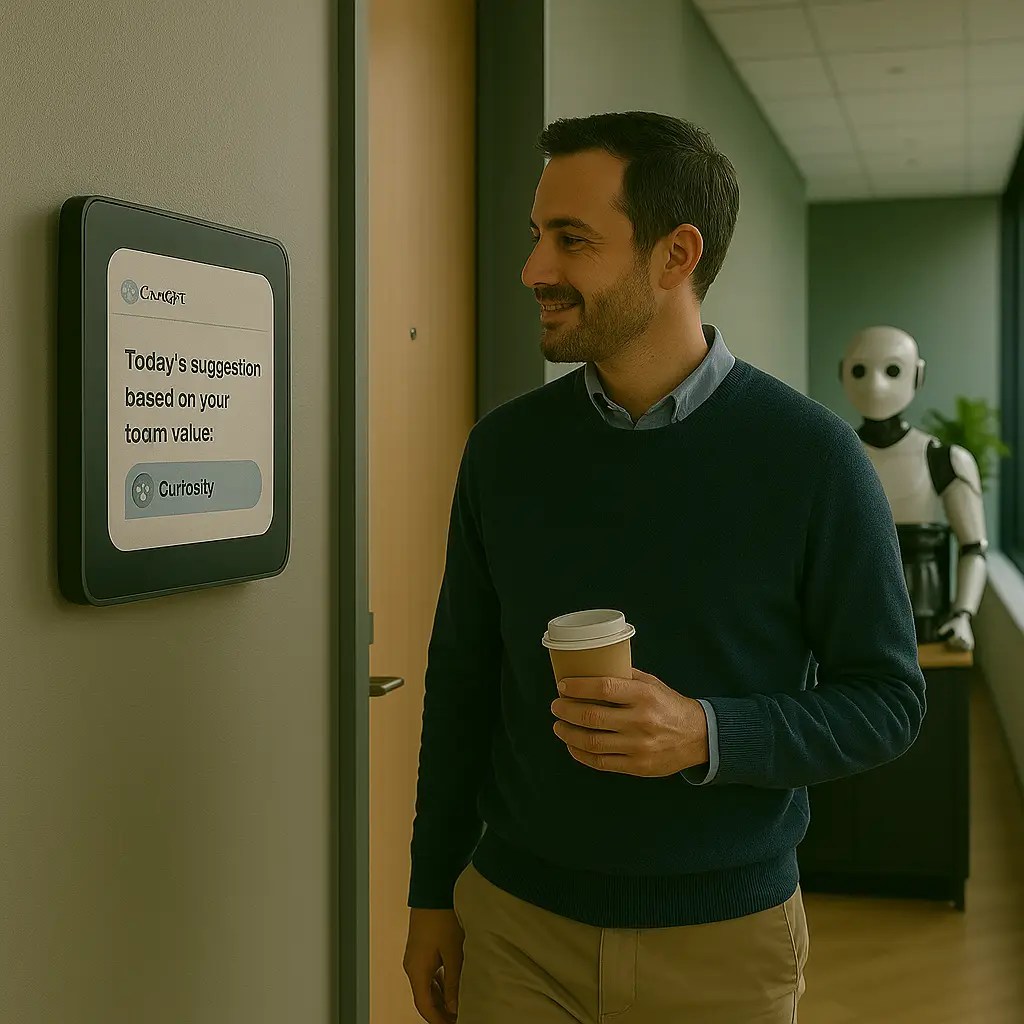 עובד הולך במסדרון עם כוס קפה ורובוט ברקע ומתבונן בלוח עם ערכי הארגון