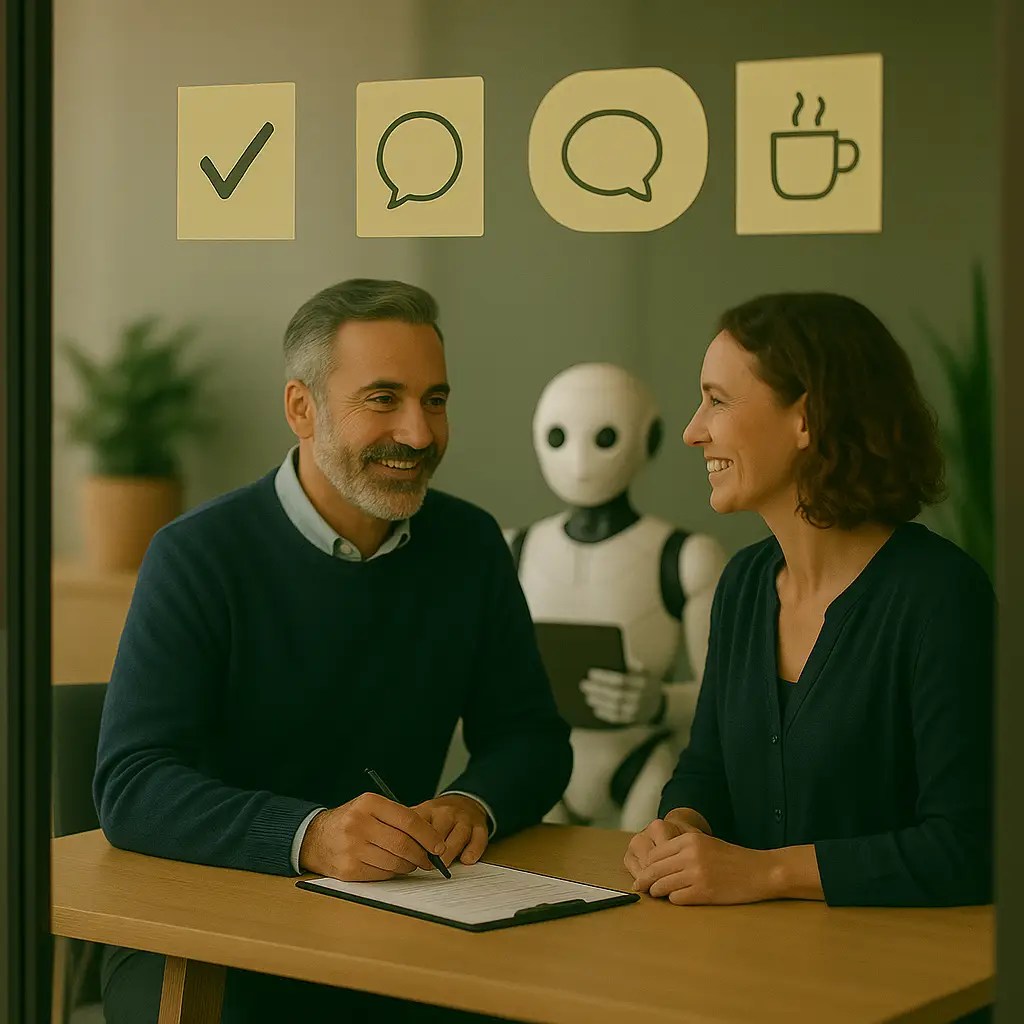 האווטאר של שגיב ברששת בפגישת עבודה עם מנהלת ורובוט– בתהליך ייעוץ