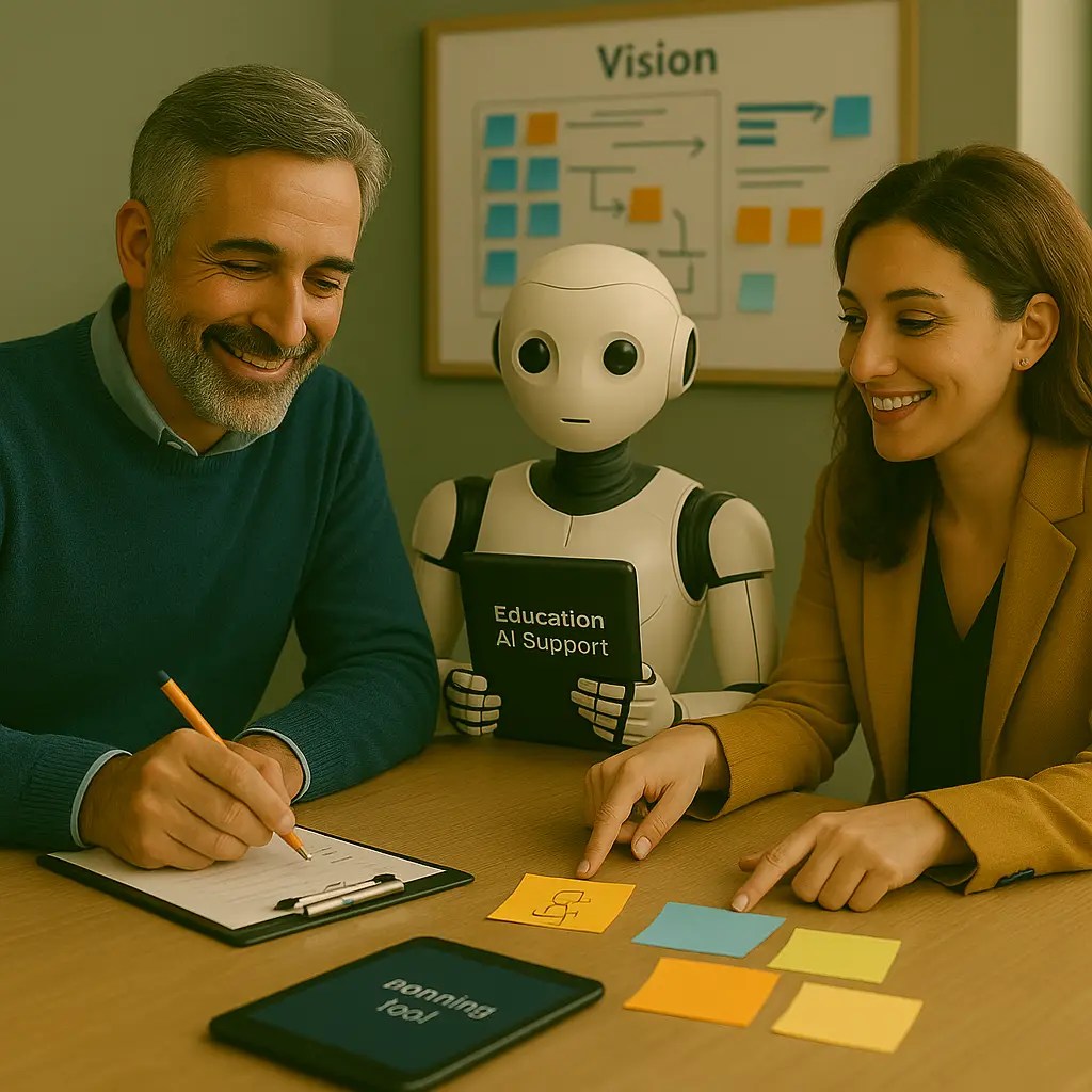 האווטאר של שגיב ברששת ורובוט ומנהלת סביב שולחן – תכנון תהליך העבודה