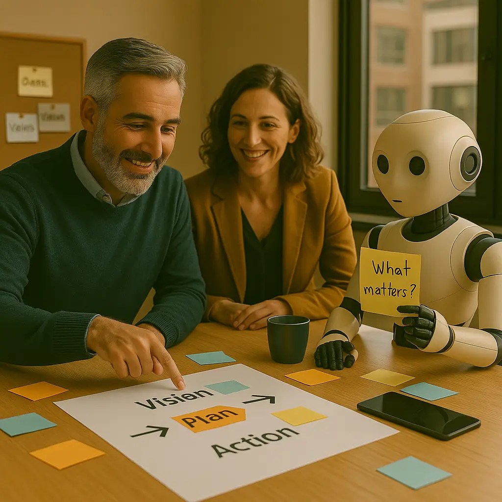 האווטאר של שגיב ברששת ורובוט ומנהלת סביב שולחן – תהליך תכנון אסטרטגי