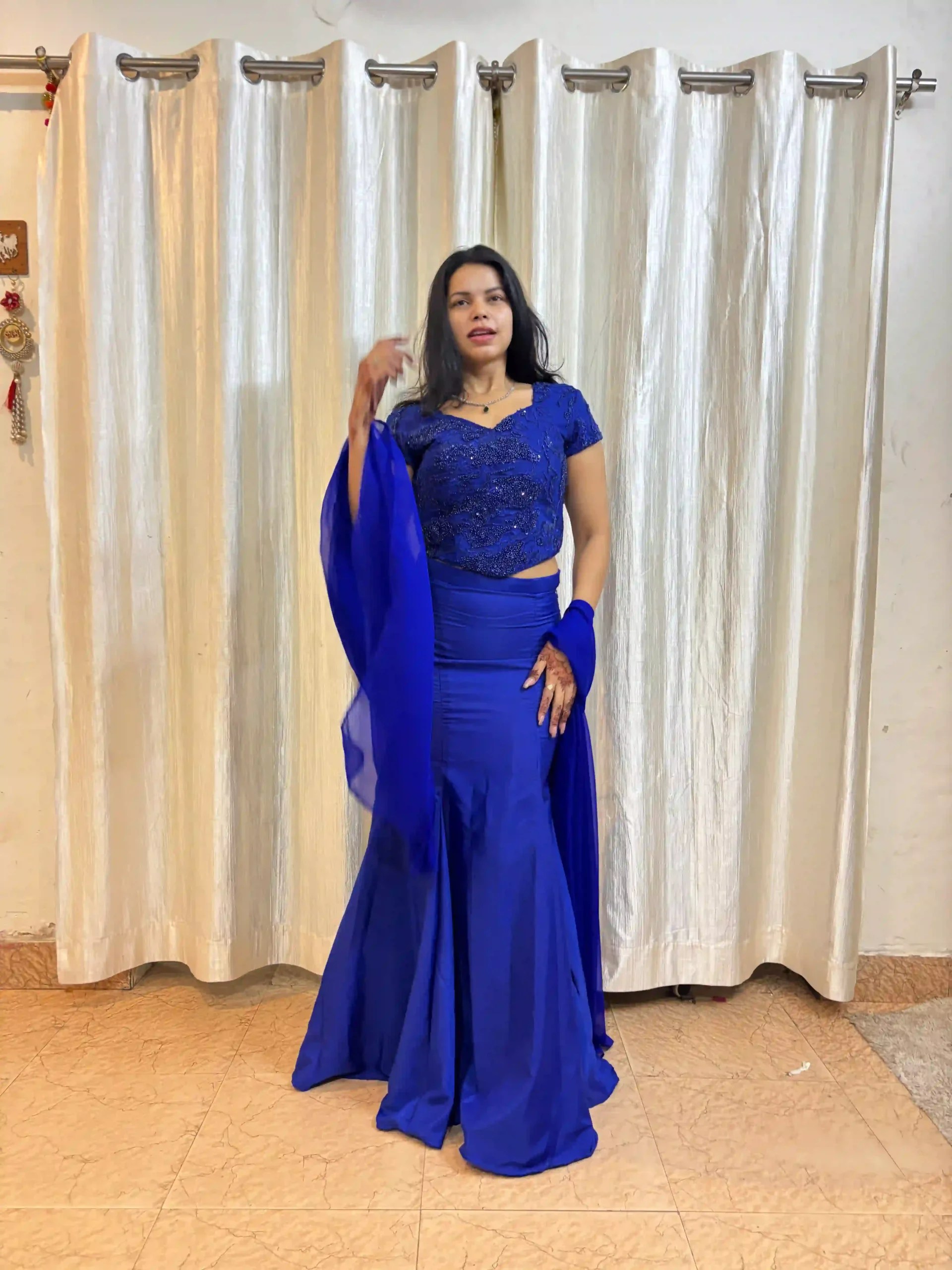 Model wearing royal blue corset fishcut lehenga set with dupatta full length – Barhin