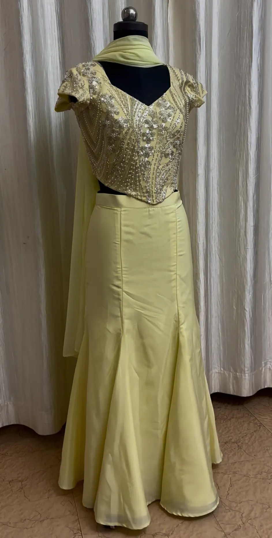 Barhin pastel yellow beaded corset mermaid skirt set — full front view
