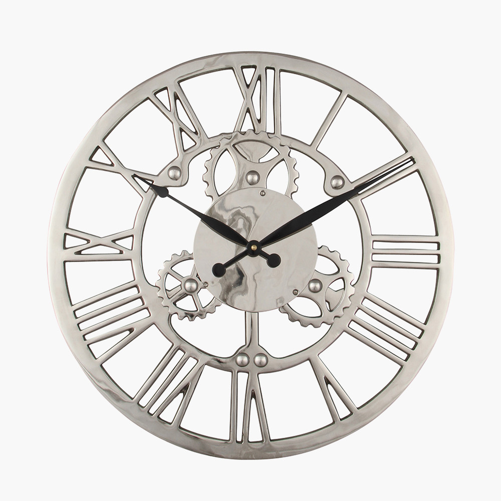 Silver Metal Cog Design Round Wall Clock - 46cm