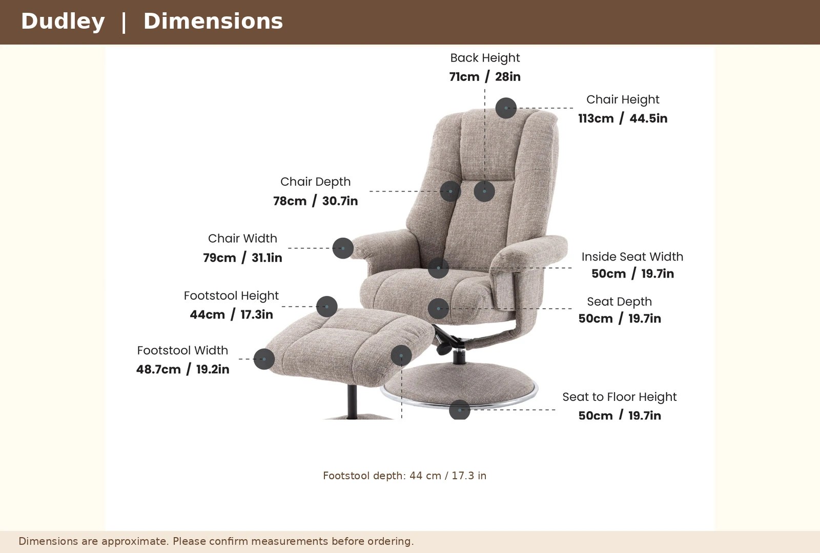 Dimensions diagram for the Dudley Swivel Recliner and Footstool showing product measurements in centimetres.