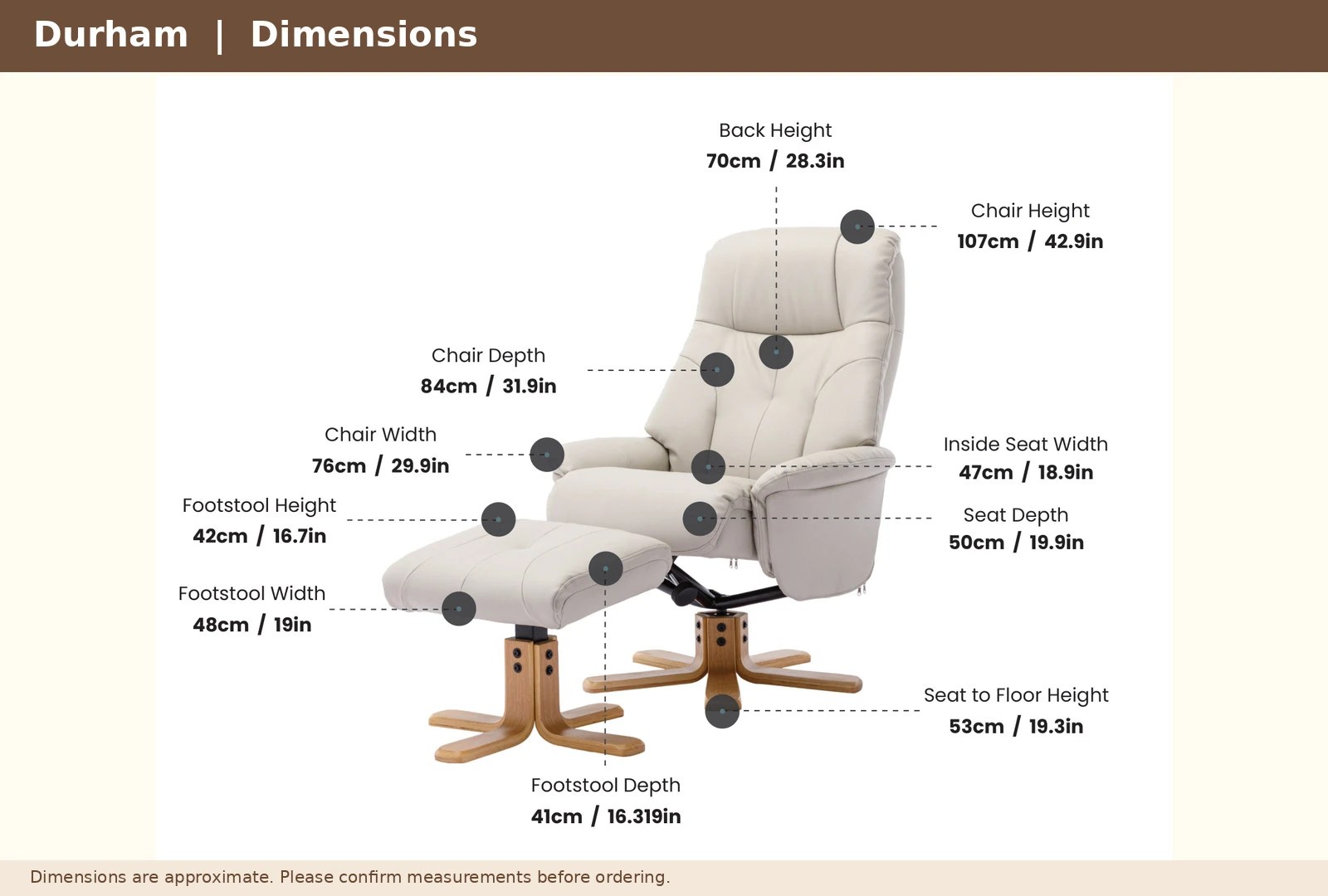 Dimensions diagram for the Durham Swivel Recliner and Footstool showing product measurements in centimetres.