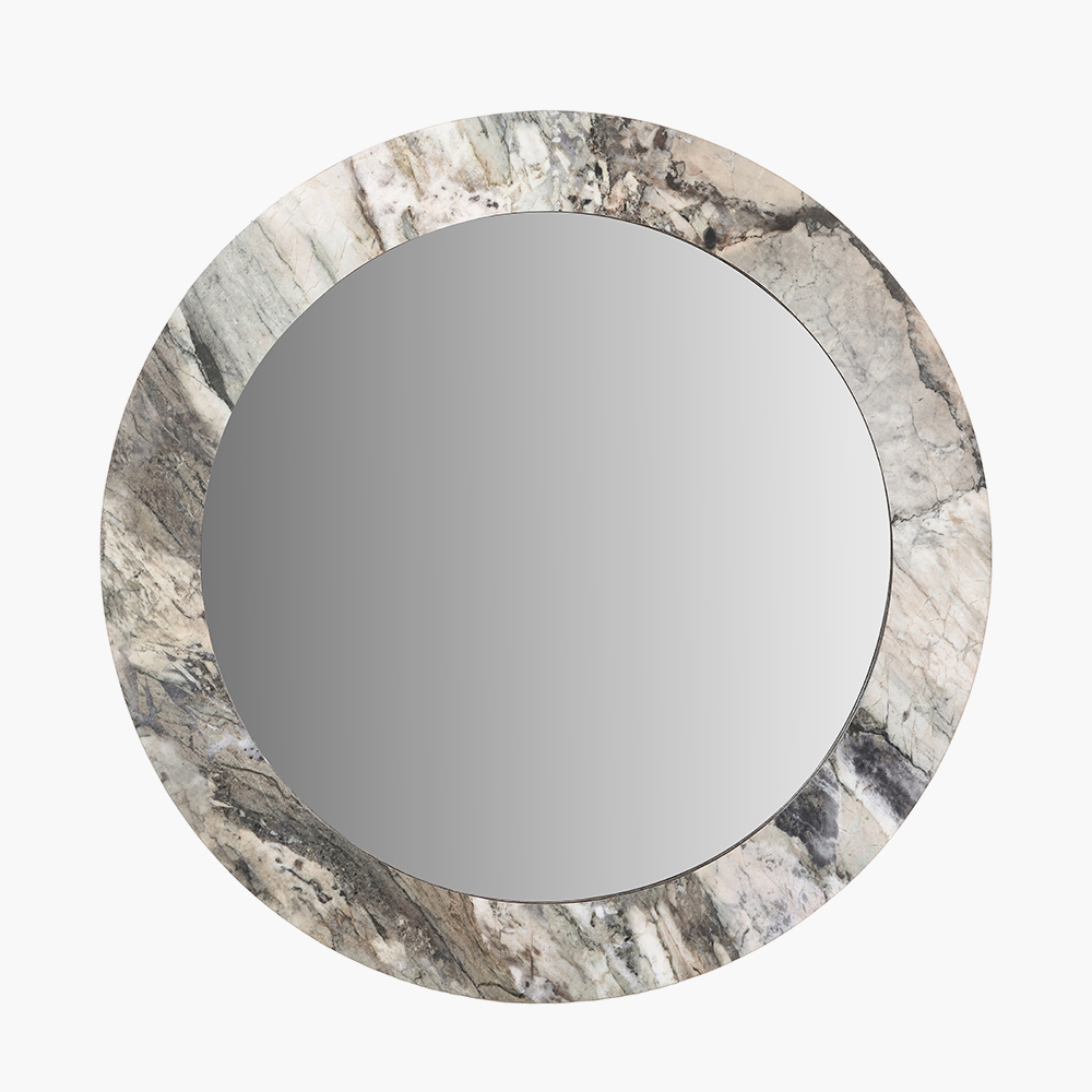 Round wall mirror with a jade marble-effect frame