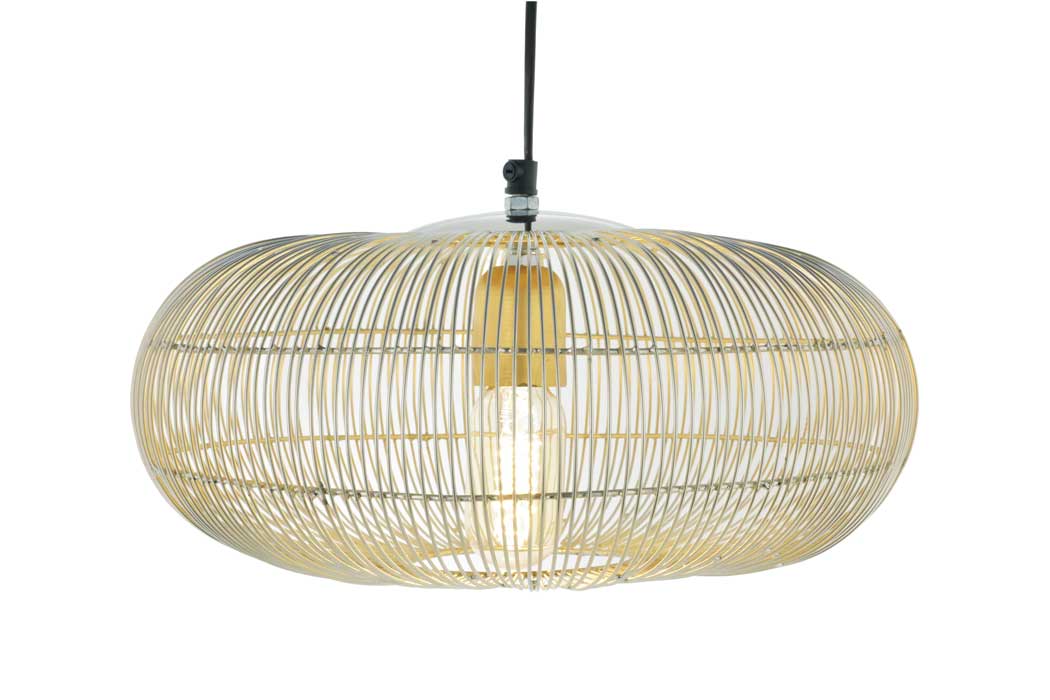 Medium Loop pendant light with a nickel wire shade and warm gold-coloured interior