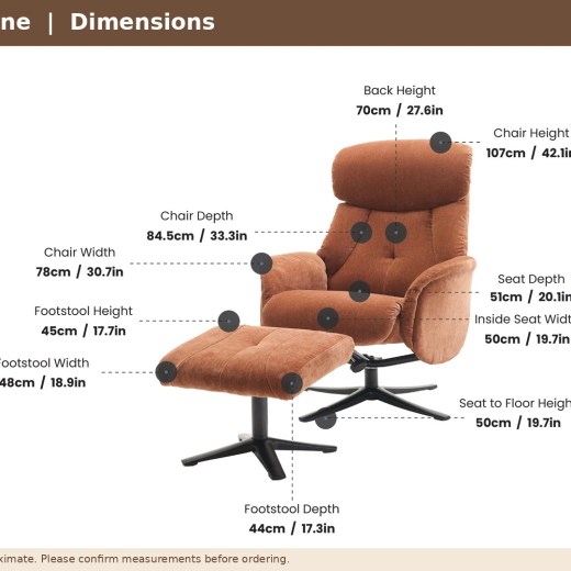 Dimensions diagram for the Marylebone Swivel Recliner and Footstool showing product measurements in centimetres.