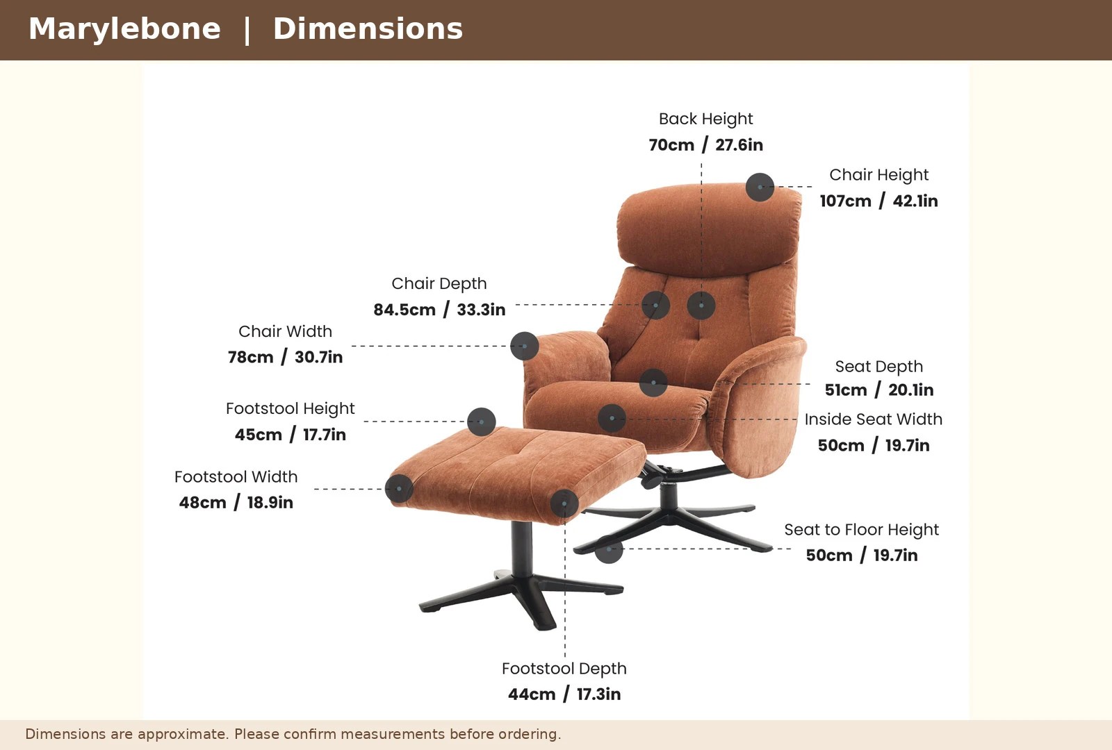 Dimensions diagram for the Marylebone Swivel Recliner and Footstool showing product measurements in centimetres.