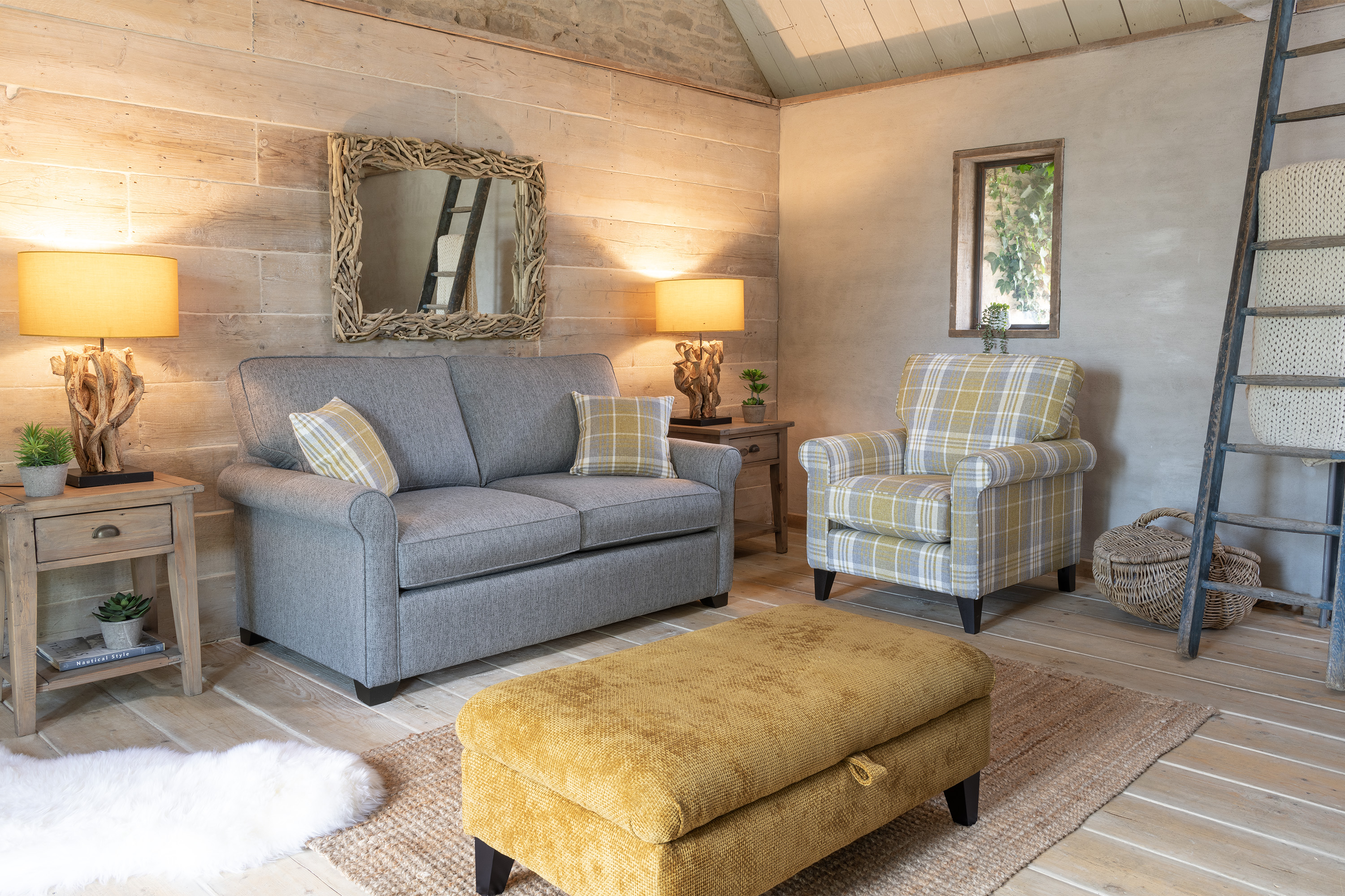 Quinlan 2 Seater Sofa chair and stool