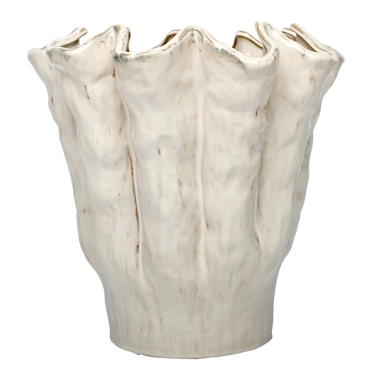 Large ruffled ceramic vase in a speckled off-white glaze