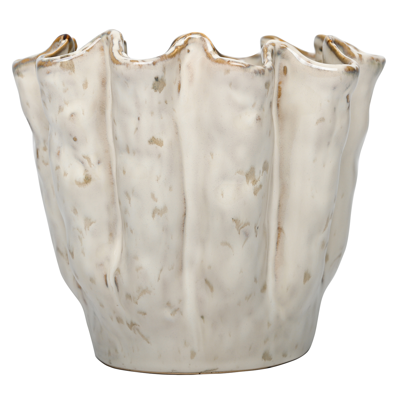 Small white ceramic vase with softly ruffled sides and a speckled glaze