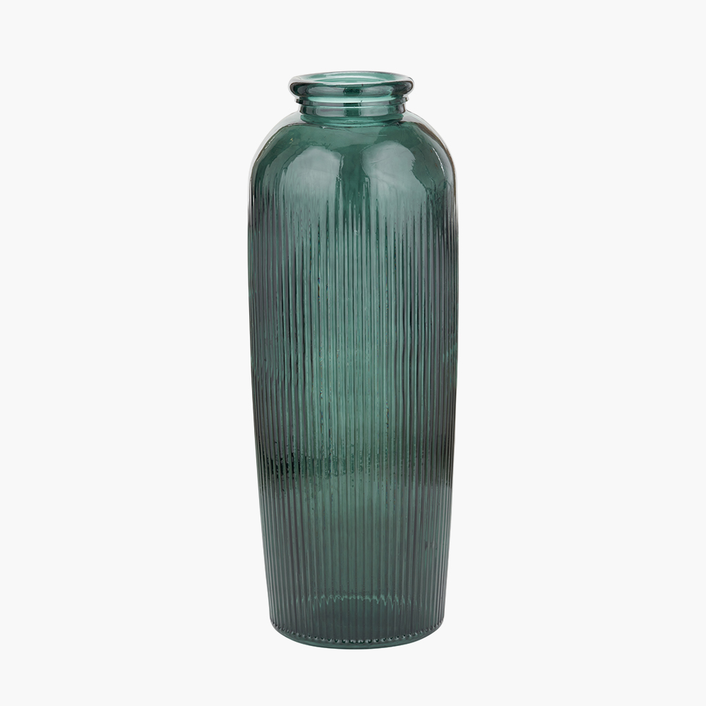 Tall sea-green recycled-glass vase with ribbed sides