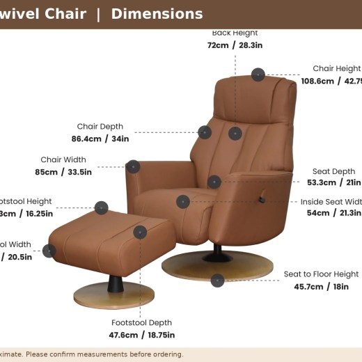 Dimensions diagram of the Seattle Leather Swivel Recliner and Footstool, with measurements in centimetres.