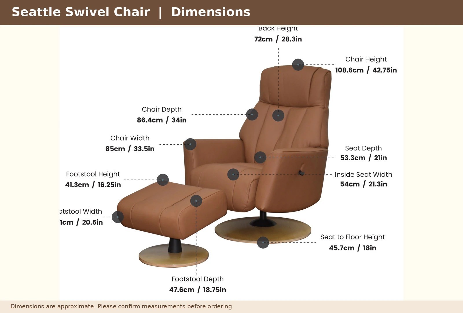 Dimensions diagram of the Seattle Leather Swivel Recliner and Footstool, with measurements in centimetres.