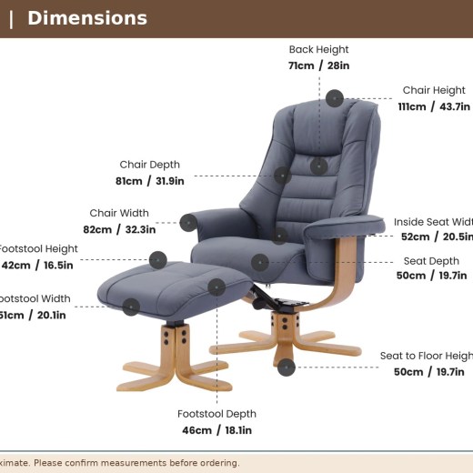 Dimensions diagram of the Sheffield Swivel Recliner and Footstool, with measurements in centimetres.