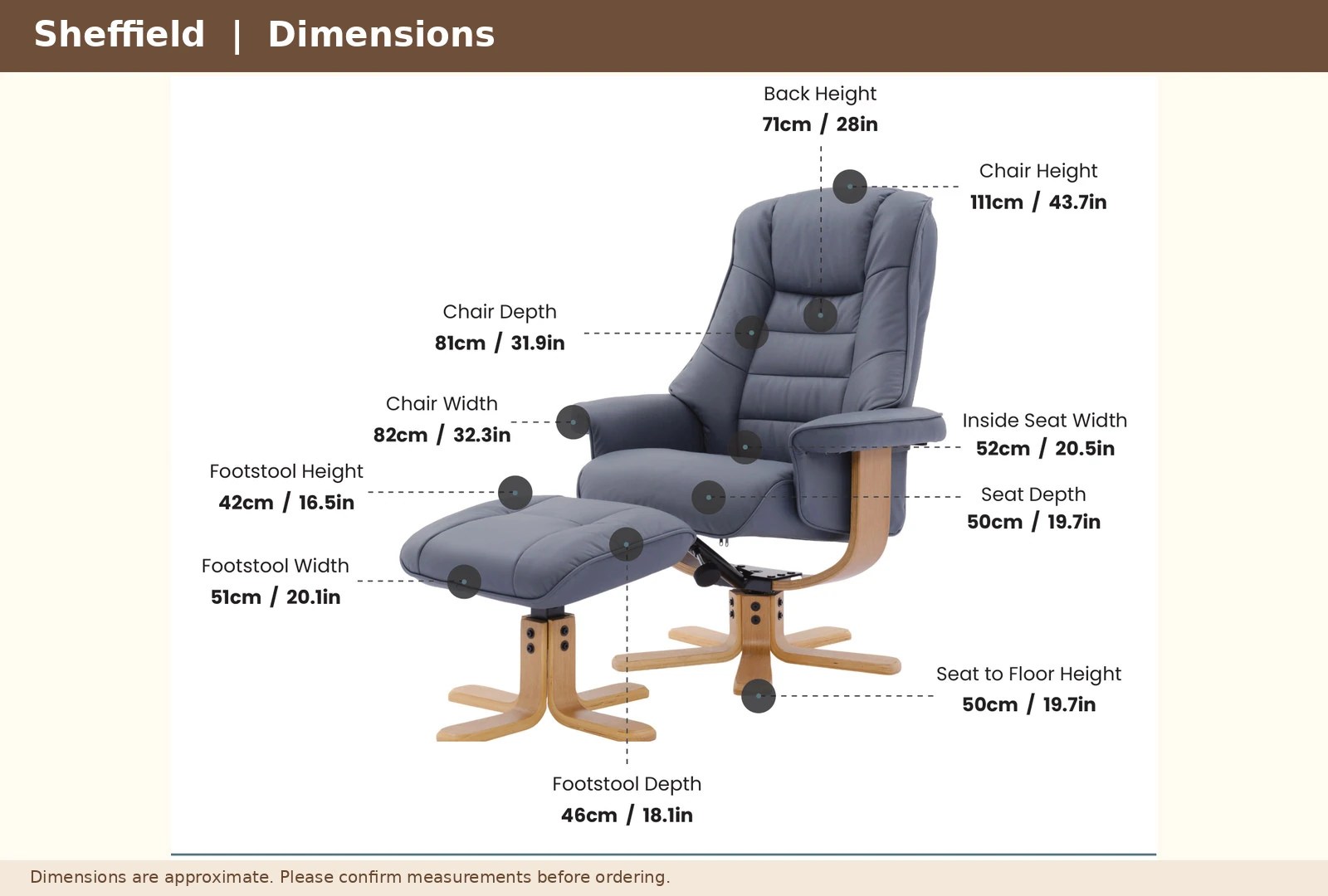 Dimensions diagram of the Sheffield Swivel Recliner and Footstool, with measurements in centimetres.