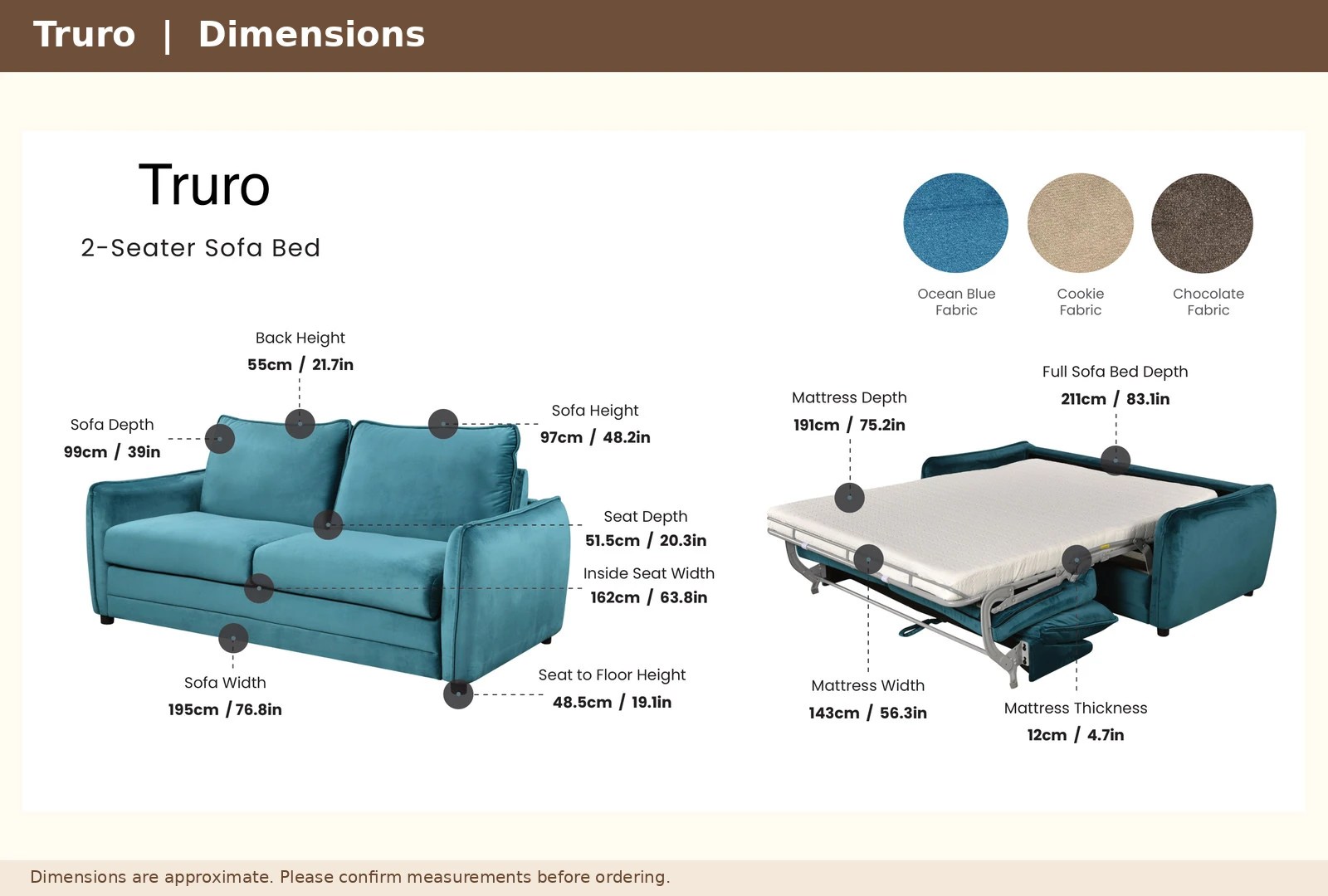 Dimensions diagram of the Truro Two Seater Sofa Bed, with measurements in centimetres.