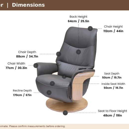 Dimensions diagram of the Upminster Power Swivel Recliner, with measurements in centimetres.
