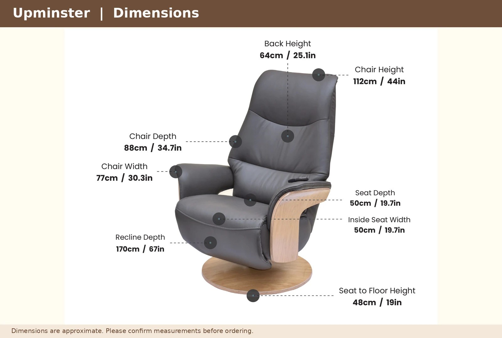 Dimensions diagram of the Upminster Power Swivel Recliner, with measurements in centimetres.