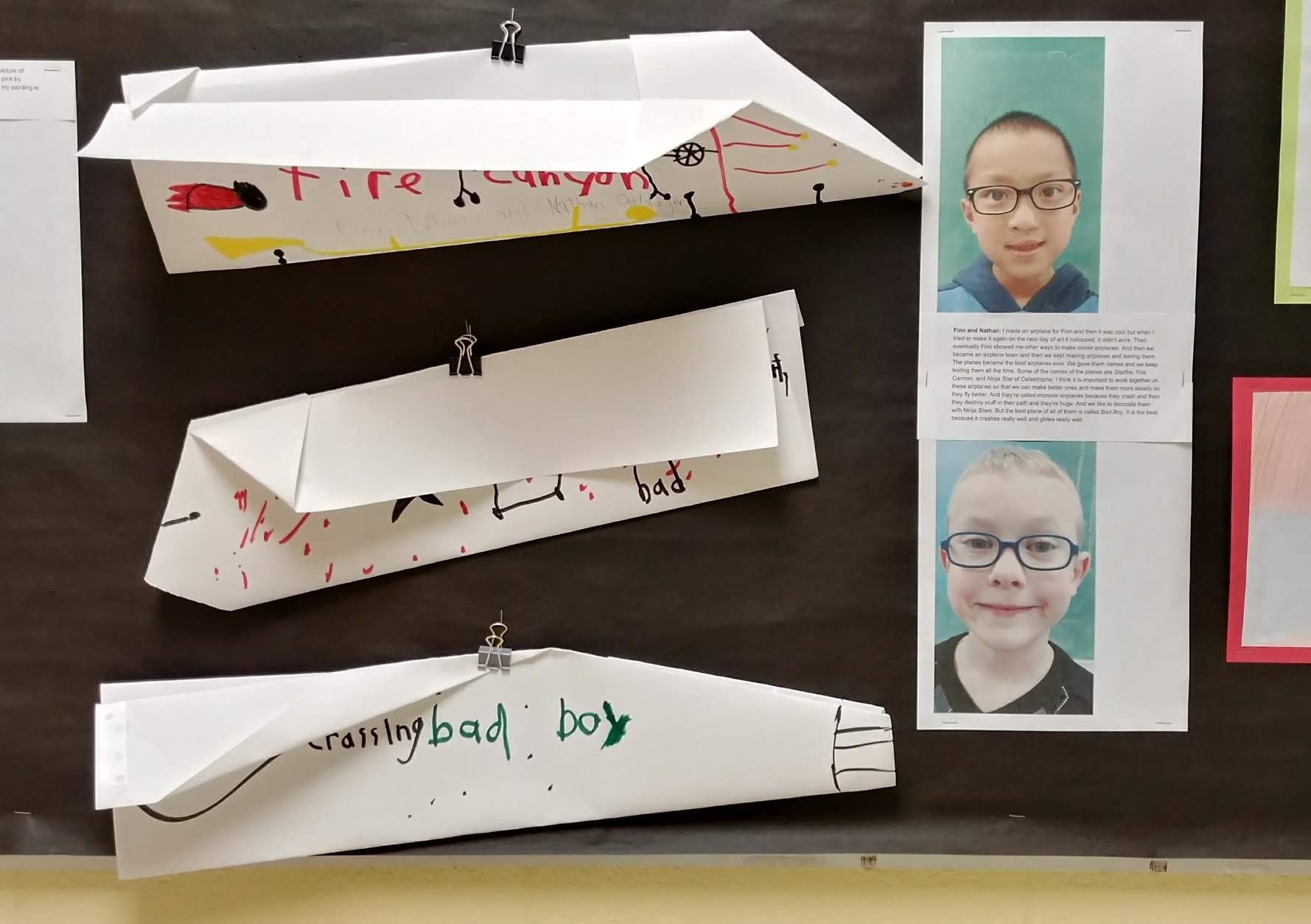 Finn and Nathan worked over several class periods to design different airplanes. They had a lot to say about the process and the text that accompanies their work plays an important role in setting the context for the planes they chose to display.