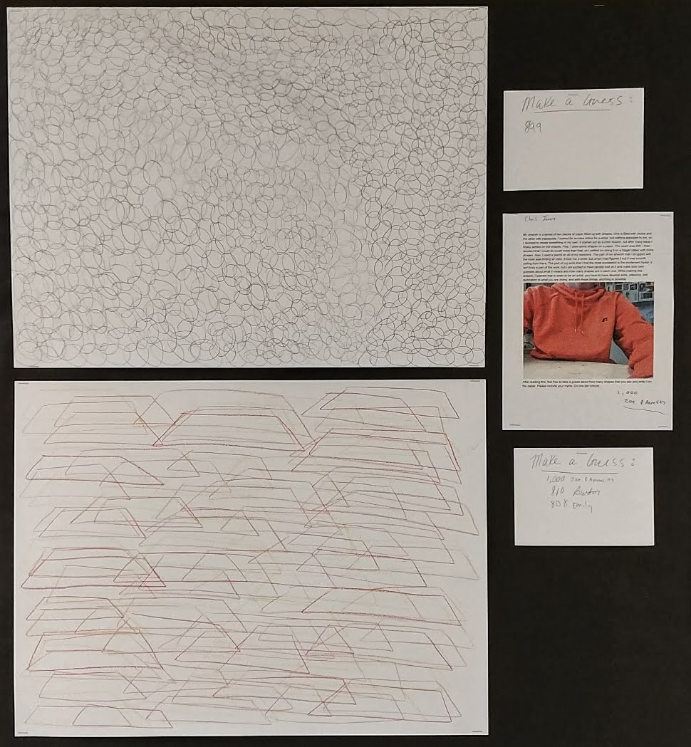 Chris wanted to make some interactive drawings. He created a series of abstract artworks that repreated the same shape over and over again. When the work was hung up in the hallway, he asked for paper to go alongside each piece where students could guess how many shapes were in the drawings.