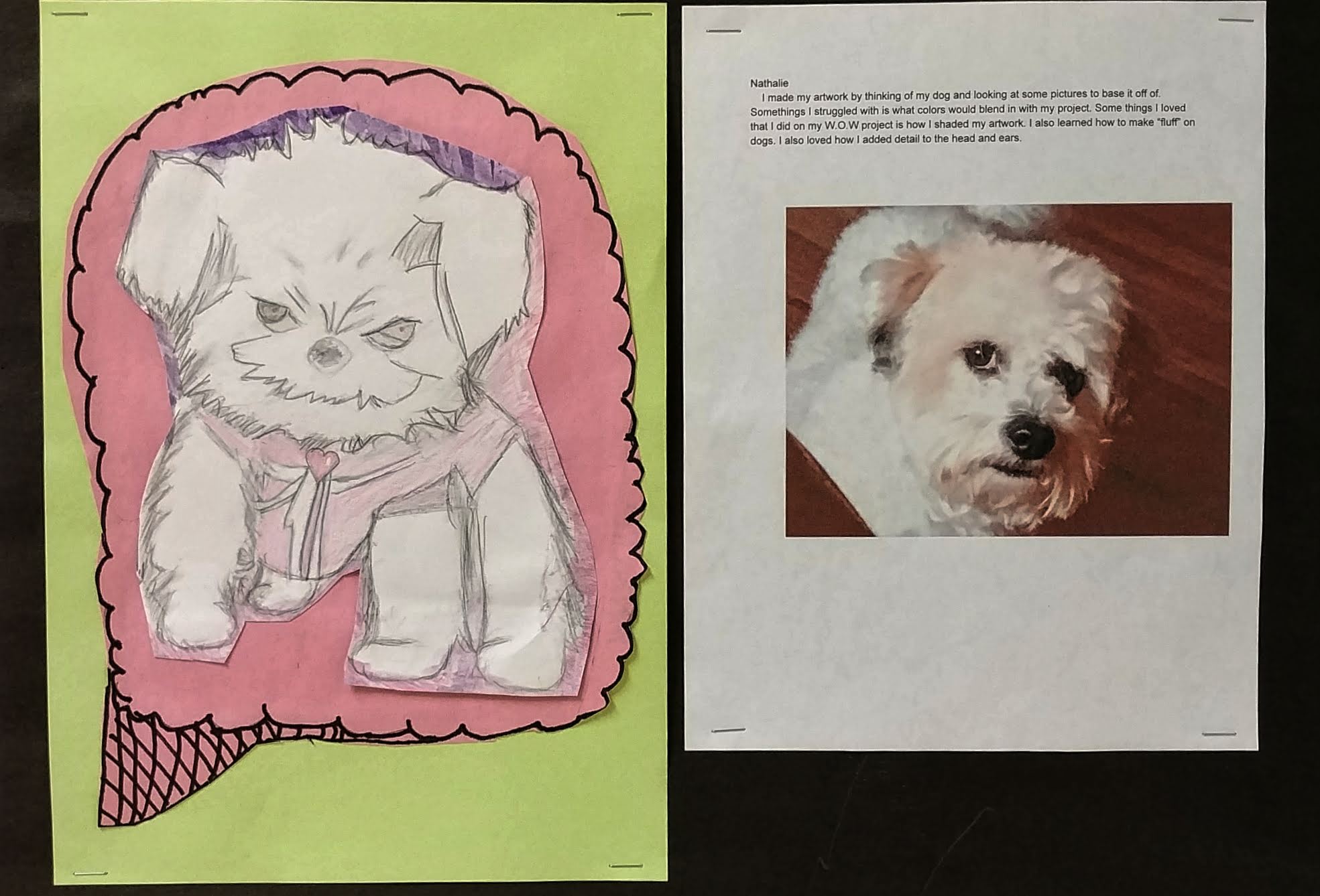 This artwork went through many iterations, with the student initially reluctant to make it more than a contour line drawing. As a class we are working on taking risks and I was happy to see that she eventually chose to add shading to her image and to put it inside of a thought bubble.