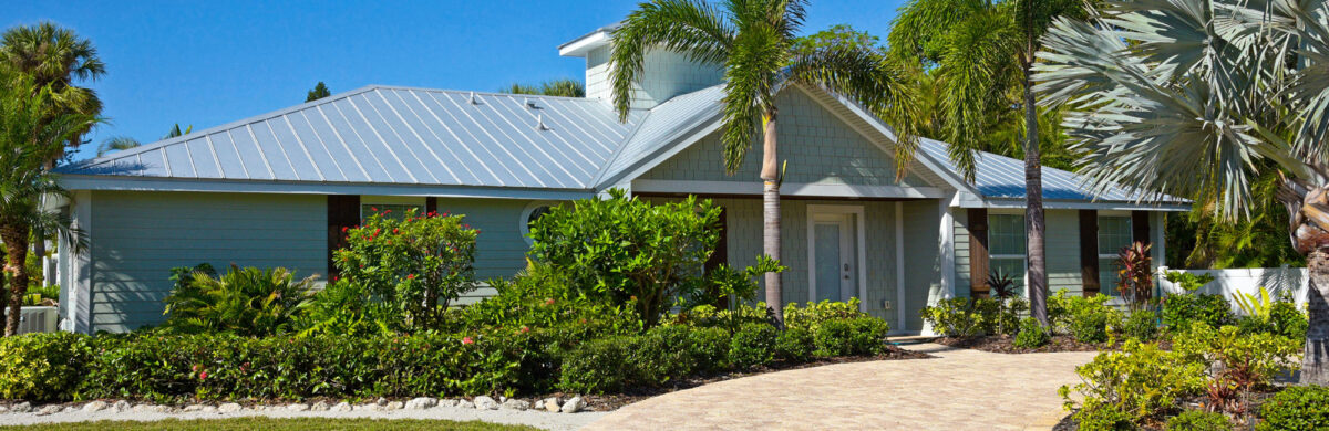 A sunny exterior view of a modern single-story home with light green siding and a grey metal roof. The property features a wide paved driveway, a large front porch with a white door, and is surrounded by tropical landscaping including several tall palm trees and manicured bushes under a clear blue sky.