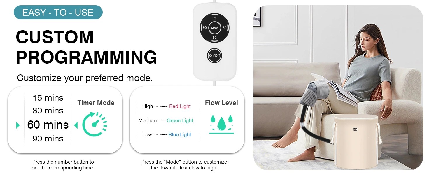 Cold therapy machine controller showing programmable timer options and adjustable flow levels during home use.