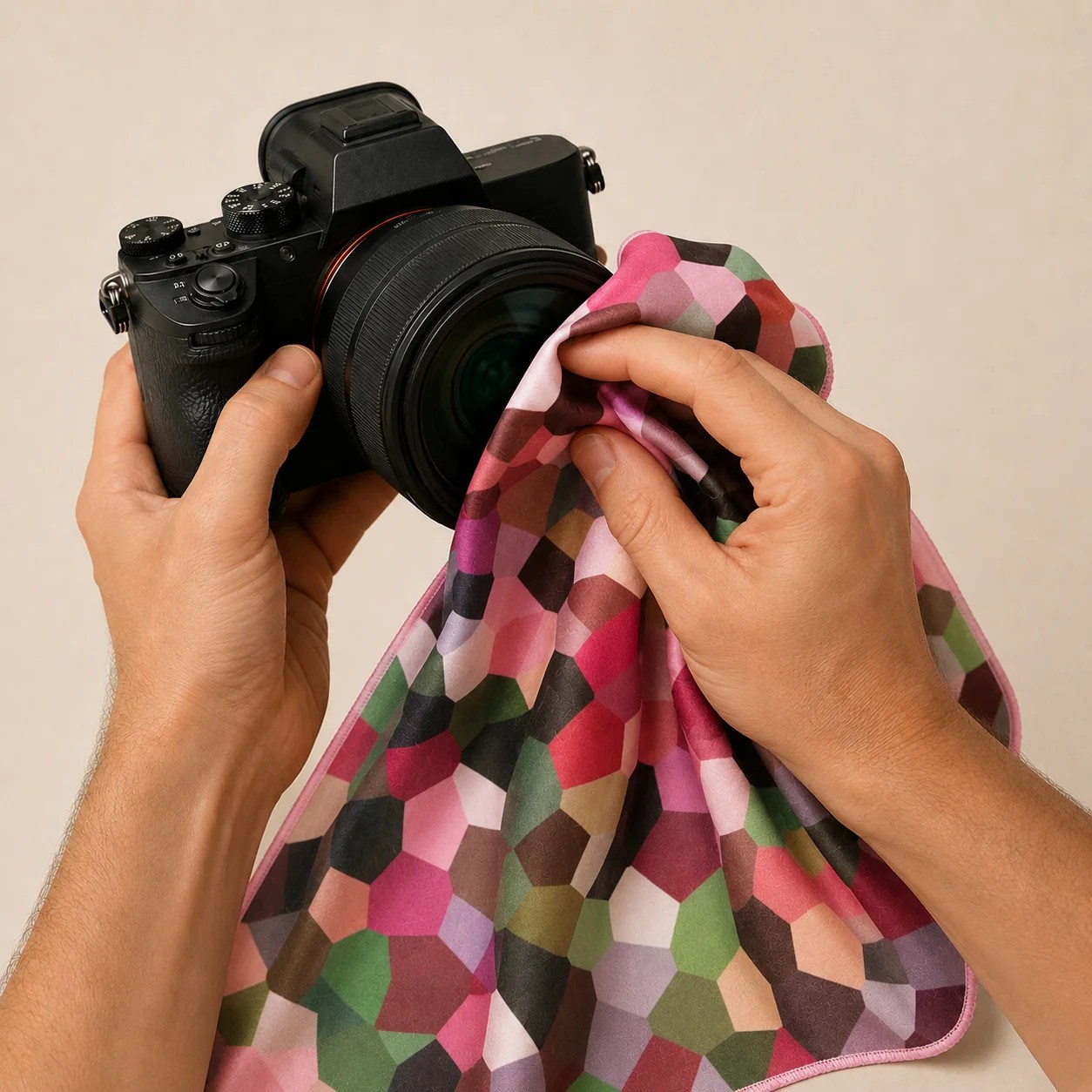 Camera beside a colourful Barroccu & Co microfibre lens cloth