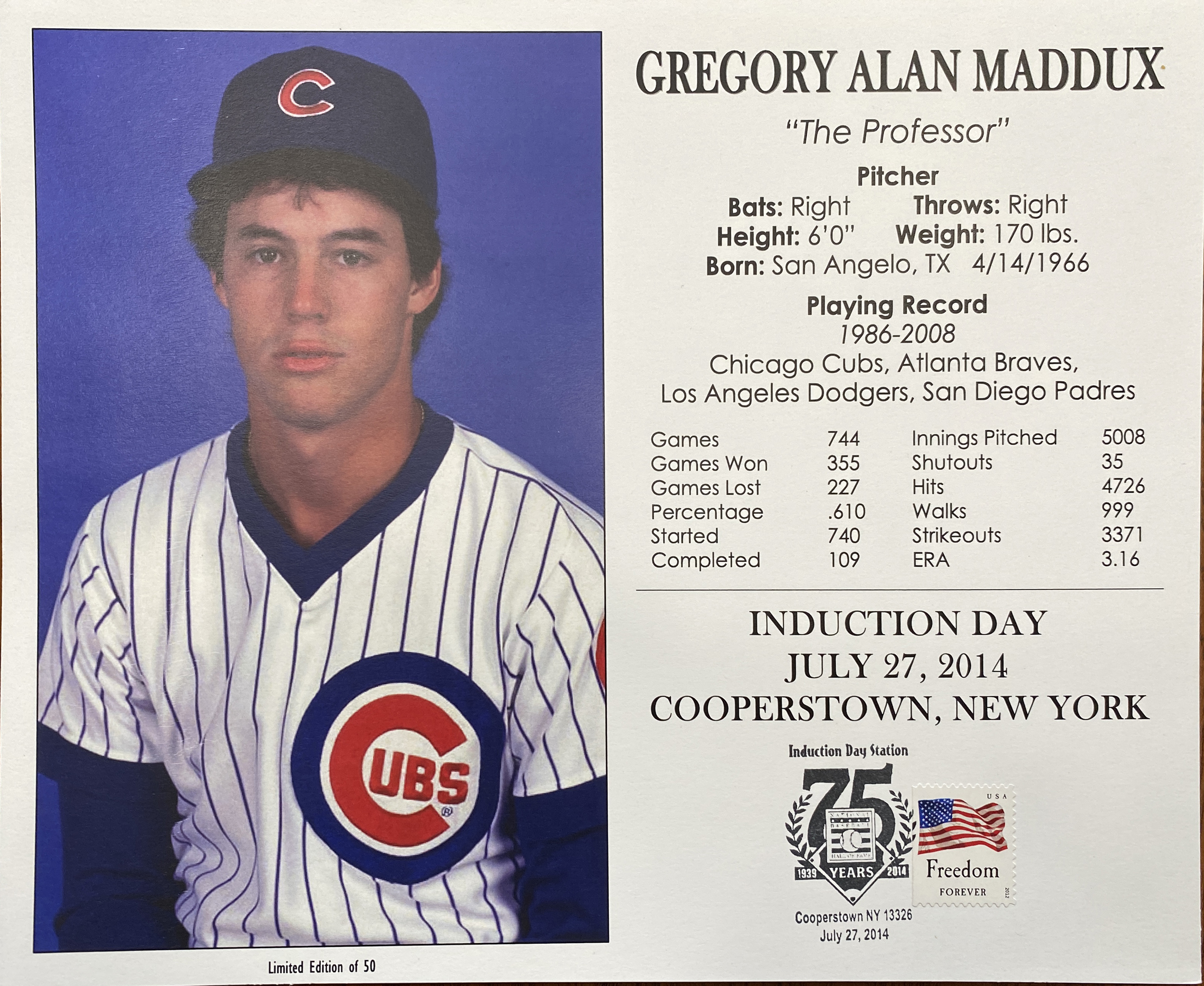 Greg Maddux – Postmarked Limited Edition Induction Style Card