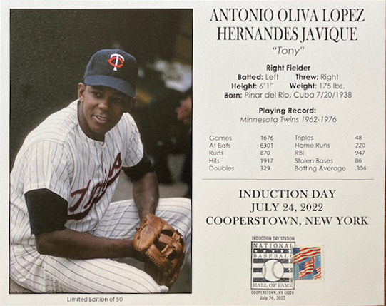 Tony Oliva – Postmarked Limited Edition Induction Style Card