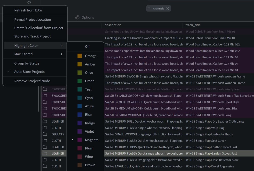 Projects node right-click menu with the Highlight Color submenu