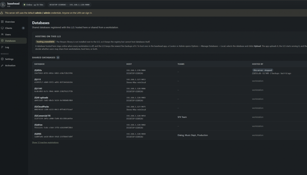LLS WebAdmin — Databases tab