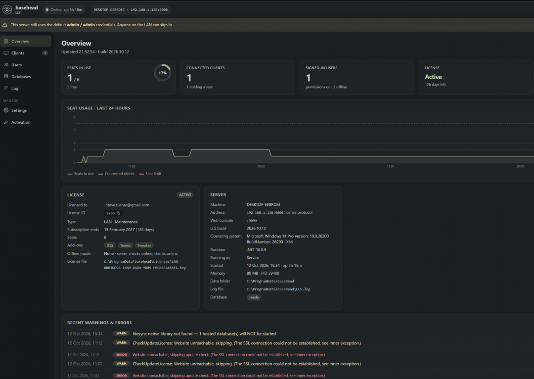 LLS WebAdmin — Overview tab