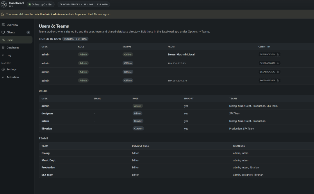 LLS WebAdmin — Users & Teams tab