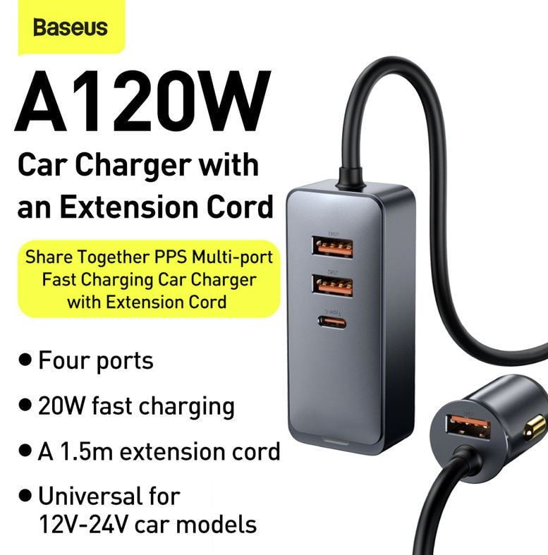 Baseus Share Together PPS multi-port Fast charging car charger with extension cord 120W 3U+1C Gray description image