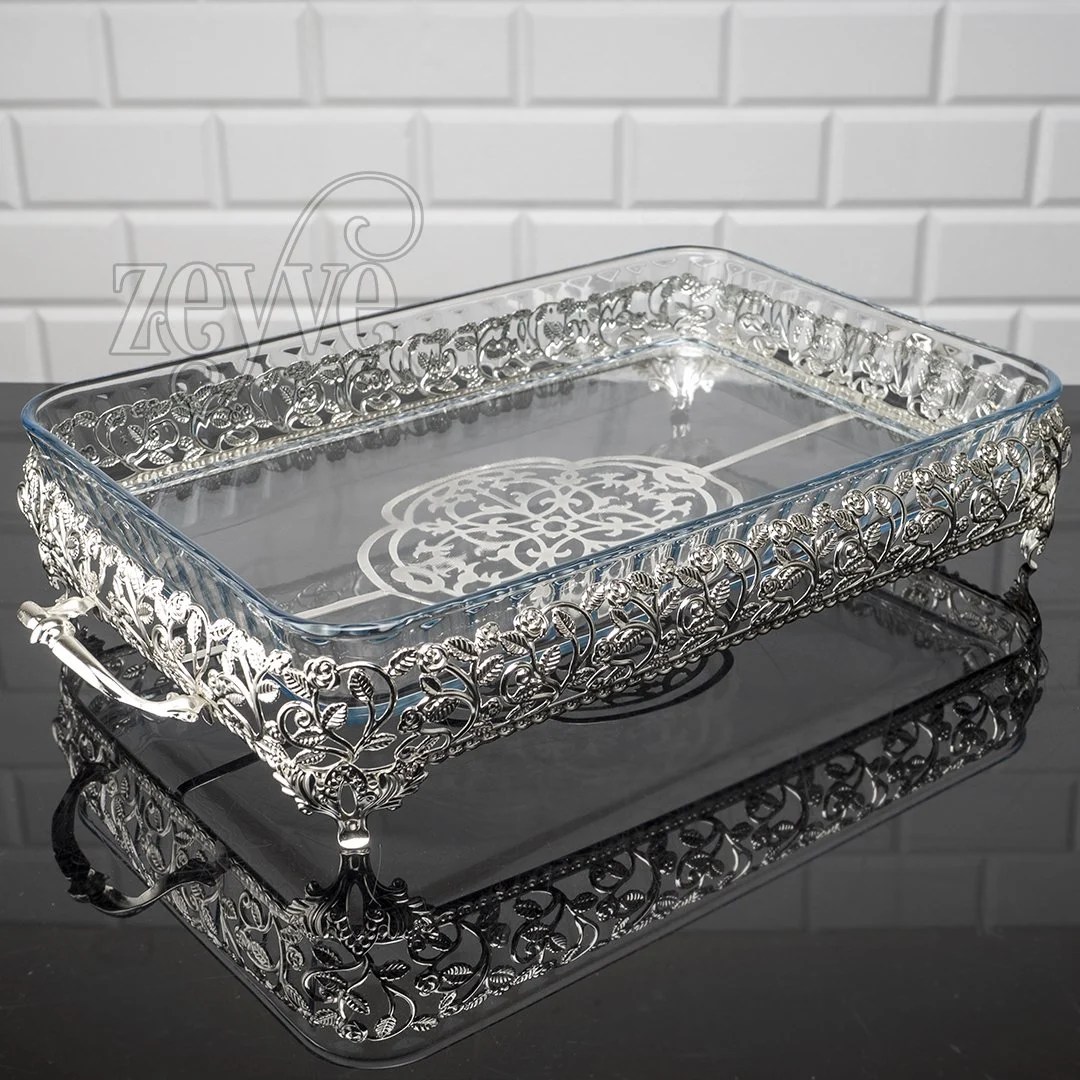 Roza Glass Large Rectangular Serving Dish Silver color BS
