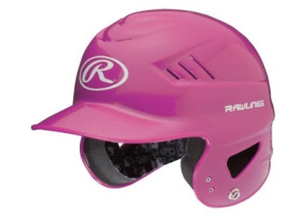 A bright pink child’s batting helmet.