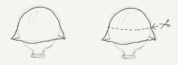 A depiction of cutting away the draped but poorly shaped piece of the Worbla sheet until you have a semisphere